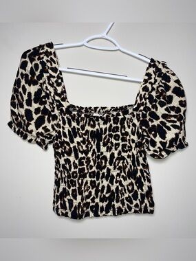 Monteau S Cheetah Print Linen Blend Smocked Puff Sleeve Crop Top Boho